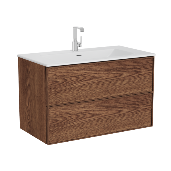 Тумба Metropol Edge с раковиной c 2мя ящиками, 100 см, с подсветкой в верхнем ящике, цвет ореховое дерево (натуральный шпон) 