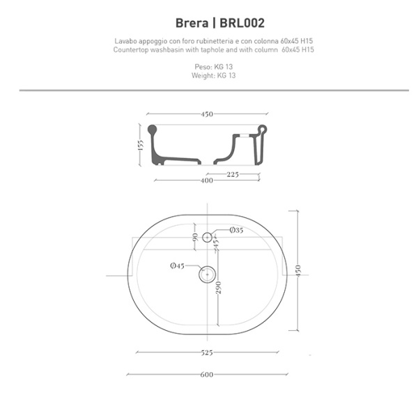 Artceram BRERA Раковина накладная 60 x 45 h 15,5 см, без отв под смеситель, цвет белый глянцевый 