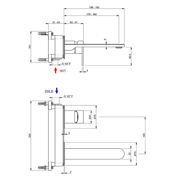 Kerama Marazzi Смеситель для раковины SIARA настенный, с внутренней частью, нержавеющая сталь 