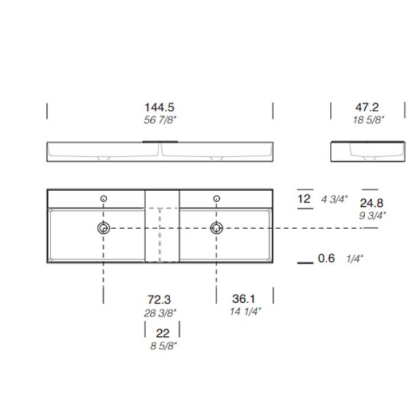 MILLDUE  Раковина  MAN 144 накладная из CRISTALPLANT ,144,5х47,2 см, с 2 отв для смесителя, цвет белый матовый 