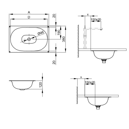 BETTE COMODO Раковина встраиваемая под столешницу  774х380х120 мм,  без отв под смес, BetteGlasur® Plus, цвет белый 