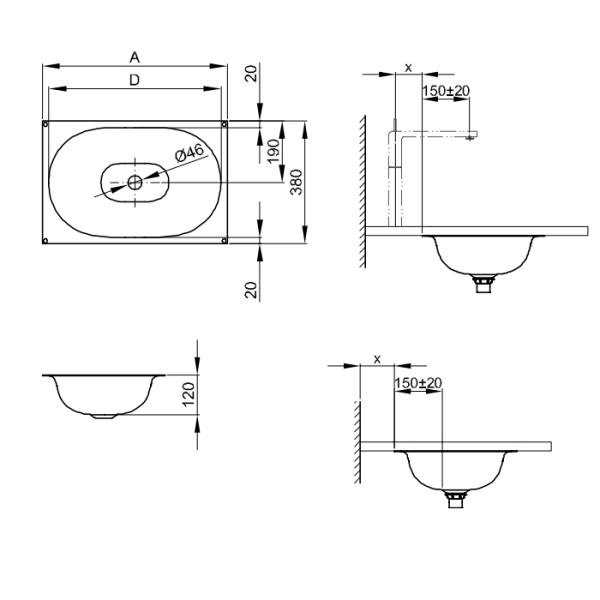 BETTE COMODO Раковина встраиваемая под столешницу  774х380х120 мм,  без отв под смес, цвет белый 