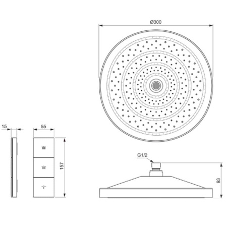 Ideal Standard Solos 3-функц.(Rain, Silkrain, SecondSkin) верхний душ 30см, цвет: хром 