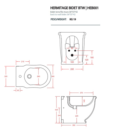 Artceram HERMITAGE биде напольное пристенное 55*36см с 1 отв под смеситель с креплением, цвет белый 