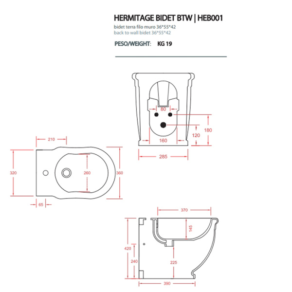 Artceram HERMITAGE биде напольное пристенное 55*36см с 1 отв под смеситель с креплением, цвет белый 