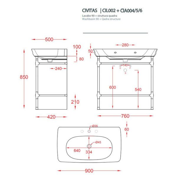 Artceram CIVITAS Металическая структура Quadra 76х44хh80,5см для раковины 90, полка сетка, цвет: золото 