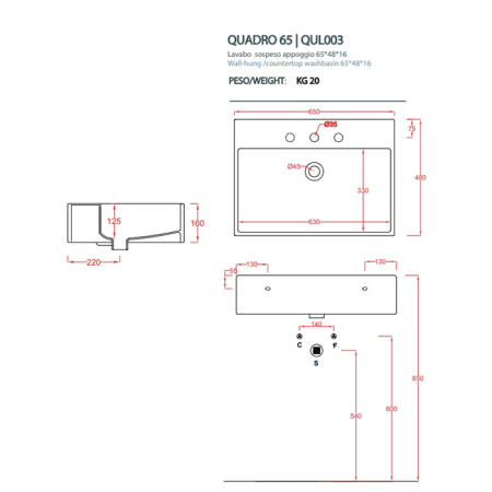Artceram QUADRO Раковина накладная/подвесная  65х48 см, с 1 отв под смеситель, со слив переливом, цвет белый (СПЕЦЦЕНА с нашего  СКЛАДА!) 