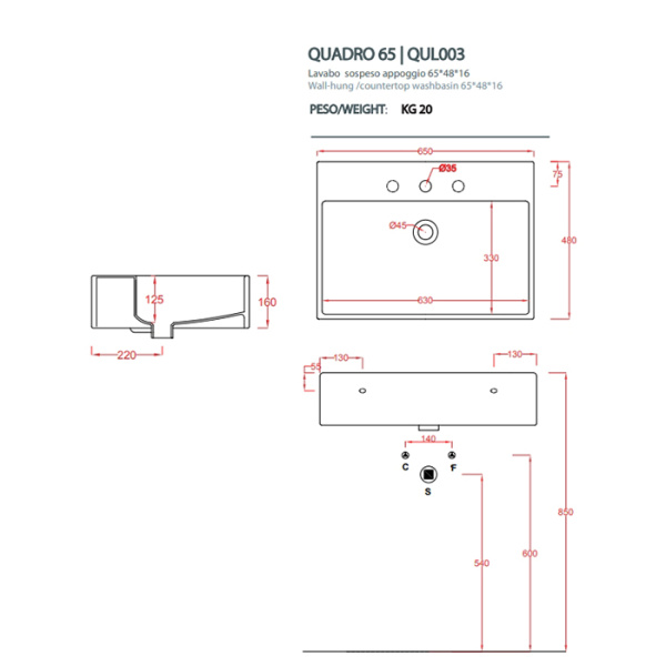 Artceram QUADRO Раковина накладная/подвесная  65х48 см, с 1 отв под смеситель, со слив переливом, цвет белый (СПЕЦЦЕНА с нашего  СКЛАДА!) 