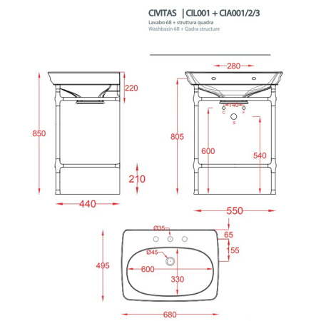 Artceram CIVITAS Структура металлическая Quadra  для раковины 68 см, полка стекло, цвет золото 