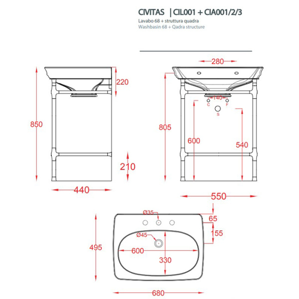 Artceram CIVITAS Структура металлическая Quadra  для раковины 68 см, полка стекло, цвет хром 