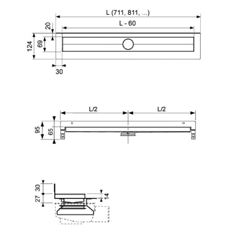 TECE Лоток "plate", 1200 мм, основа для плитки, нержавеющая сталь, полированная. 