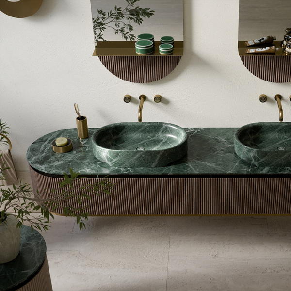 Oasis Naos / Топ мраморный загругленный с отверстием¶для 2 раковин L 236 D 56 H 2см цвет Verde Alp 