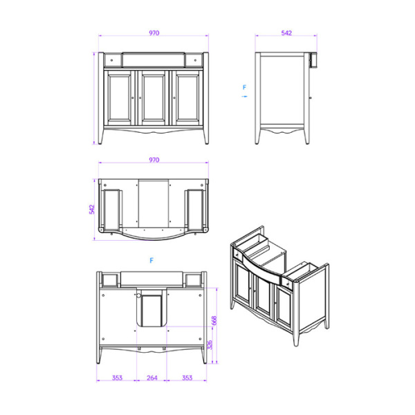 TW Veronica, База с раковиной Simas AR874bi*1 105*56см, с 1отв.,  2 верх.ящ. 3 распашные дверки, доводч. Blum, ручки: Riflesso бронза, цвет: GRIGIO 