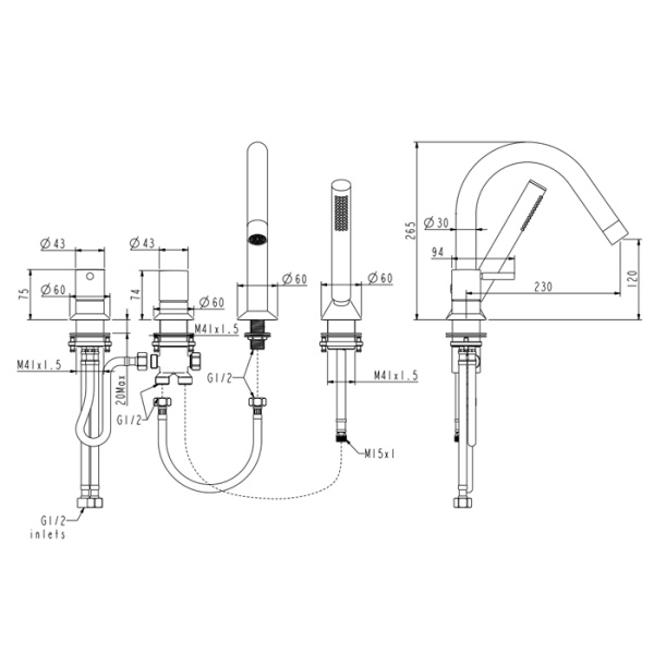 NEMO NM-2352BGM Смеситель для ванны на 4 отверстия BRUSH GUN METAL 