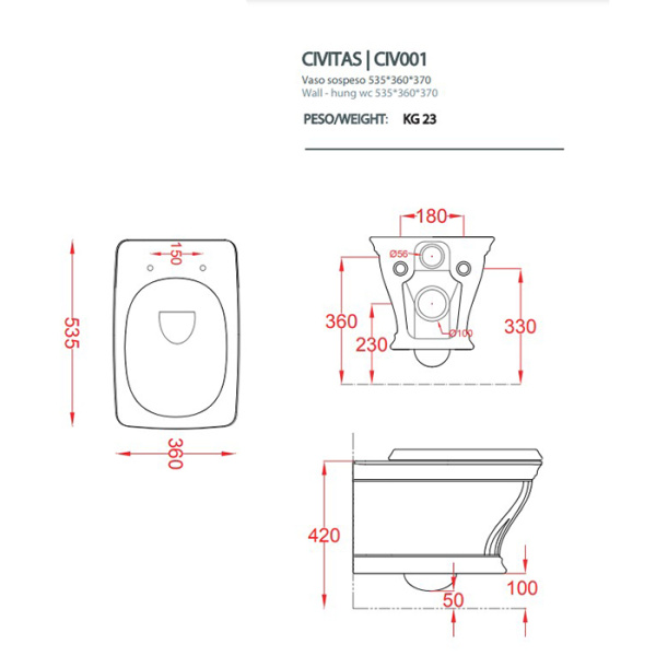 Artceram CIVITAS  Унитаз подвесной 36х54 см, с крепеж. цвет белый 