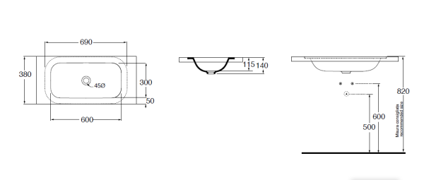 AZZURRA GLAZE Раковина встраиваемая под столешн. без отв. под смеситель 69x38см, цвет белый (СПЕЦцена- НЕ ПРОИЗВ!!!) 