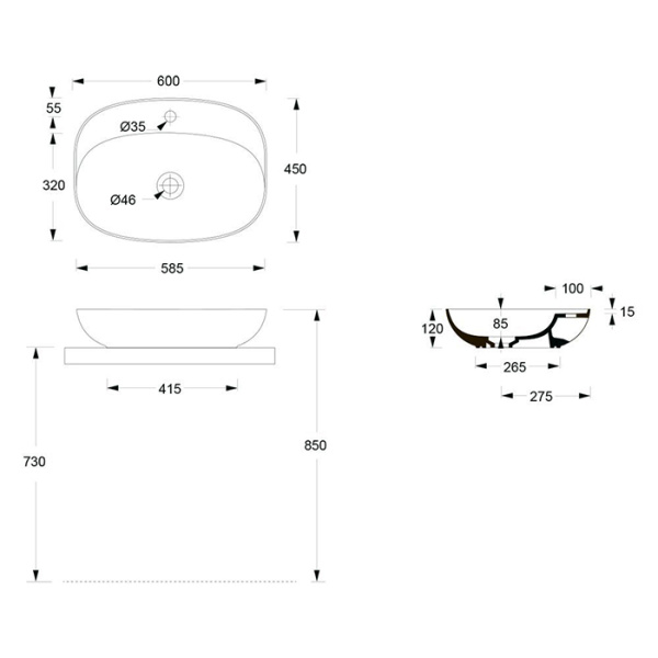 Alice Form Раковина Oval 60x45хВ12 Plan, накладная, с отверстием под смеситель, чёрный матовый 