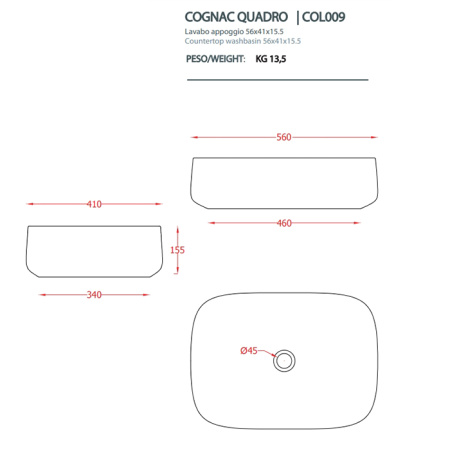 Artceram COGNAC Раковина настольная Quadro 56x41 см, цвет sand/покрытие Saniglaze 