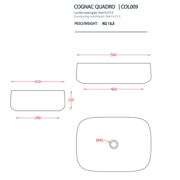 Artceram COGNAC Раковина настольная Quadro 56x41 см, цвет dark terrazzo 