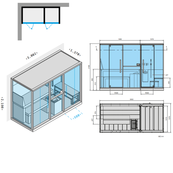 Effegibi Mid Сауна с хаммам и душем, угловая SX, 300x137xh220см, отделка: Soft Sand 