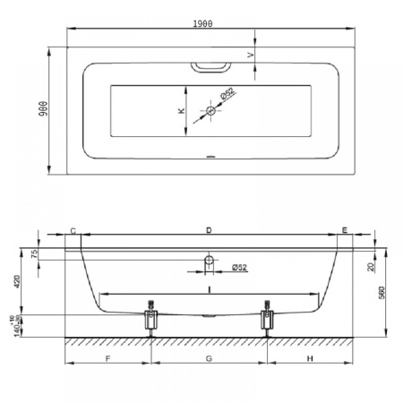 BETTE One Ванна с шумоизоляцией 190х90х42, цвет белый (для удлиненного слива-перелива) 