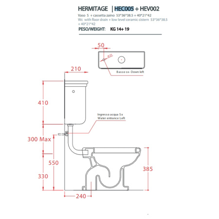 Artceram HERMITAGE Унитаз приставной слив в стену, 36х55, с крепежом в комплекте, цвет белый 
