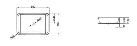 BETTEART Раковина на столешницу,60х40хh11 cм, сталь-эмаль, без отверстия под смеситель и перелива,с крепежом,цвет белый 