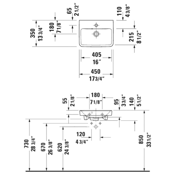 Duravit №1  Умывальник с переливом, с 1 отв.под смеситель 450х350 мм (Спец.цена из наличия) 
