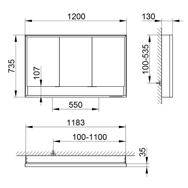 Keuco ROYAL LUMOS Зеркальный шкаф 1200x735x130мм 3-дверный-двустор. зеркало, IP 24 c плавным закр., корпус:  алюминий анодированный 