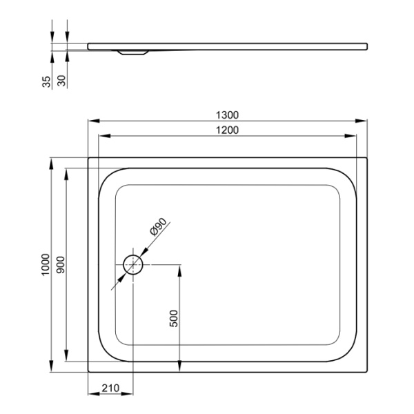BETTE Душевой поддон прямоугольный 130х100 см, суперплосский 3,5 см, D90 мм, цвет белый 