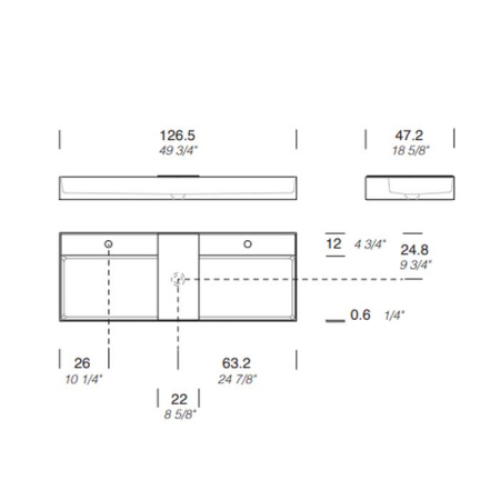 MILLDUE  Раковина  MAN 126 накладная из CRISTALPLANT ,126,5х47,2 см, с 2 отв для смесителя, цвет белый матовый 