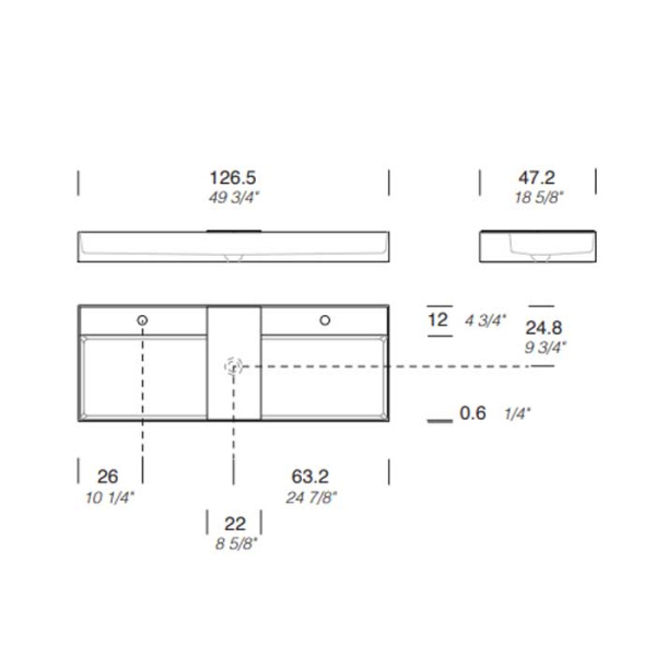 MILLDUE  Раковина  MAN 126 накладная из CRISTALPLANT ,126,5х47,2 см, с 2 отв для смесителя, цвет белый матовый 