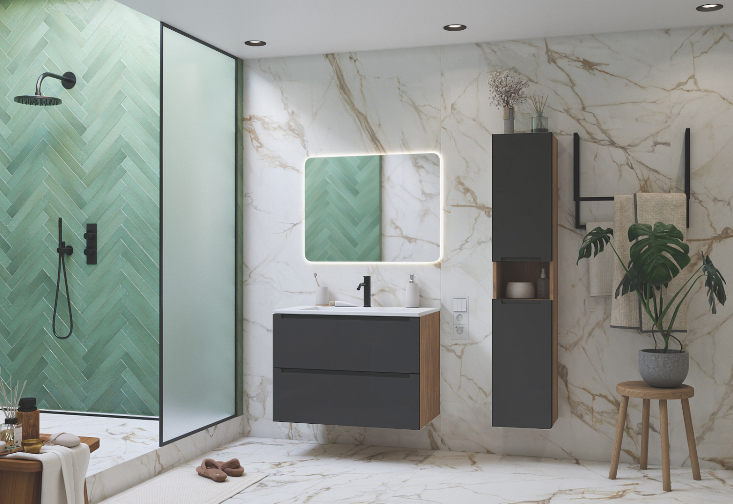 Шкаф навесной Дион, Графит мат/Дуб 150