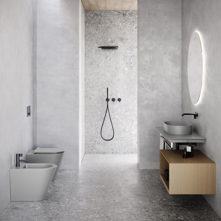 Catalano ZERO Унитаз напольный 55x35, безободковый, универс.слив, смыв Tornado, покрытие Twinglaze+, без крепежа, цвет Cemento Satinato 