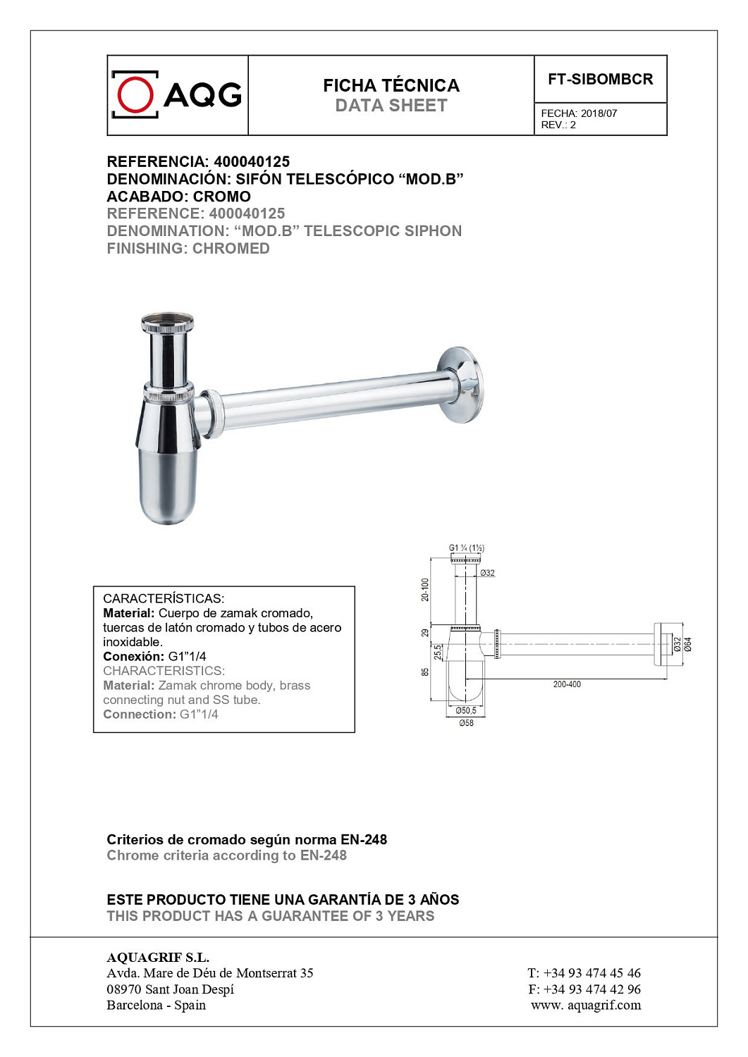 AQG, круглый бутылочный сифон MOD.B 1”1/4 из латуни, цвет хром