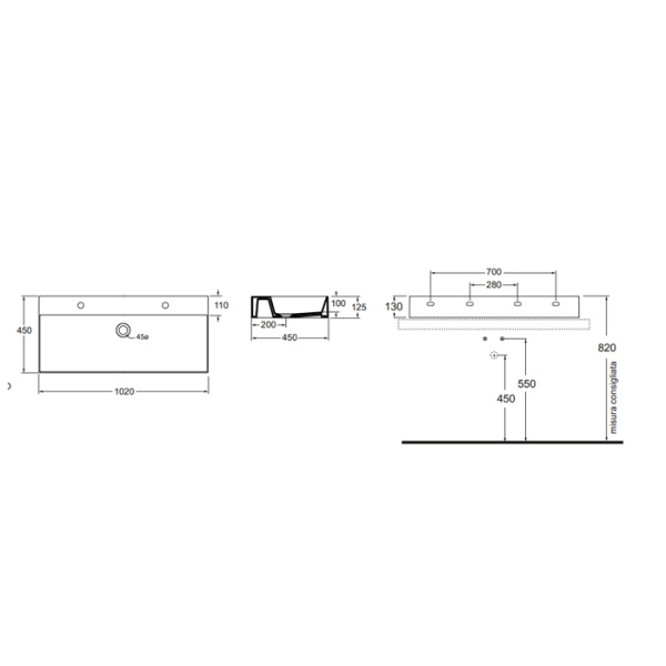 AZZURRA ELEGANCE Squared раковина подвесная/накладная 102х45см с 2 отв. под смеситель , цвет белый 
