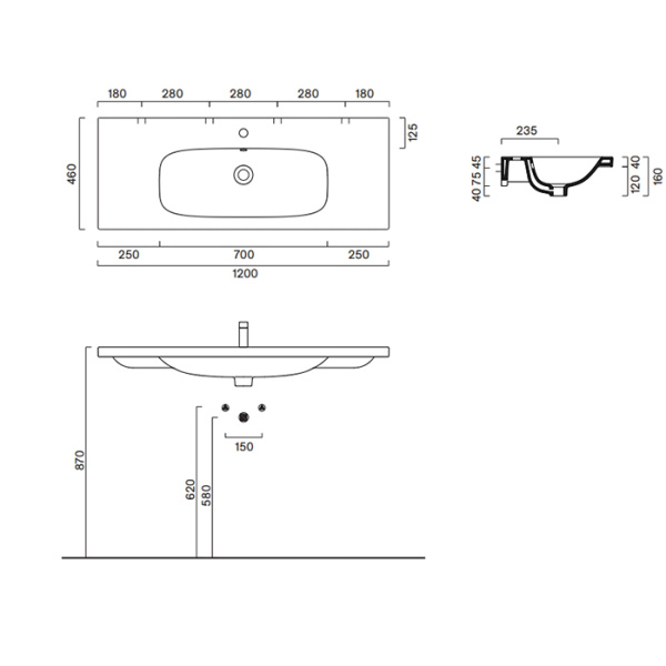 Catalano ALVEA Раковина 120x46, без отв. под смеситель, покрытие Cataglaze+, цвет белый глянцевый 