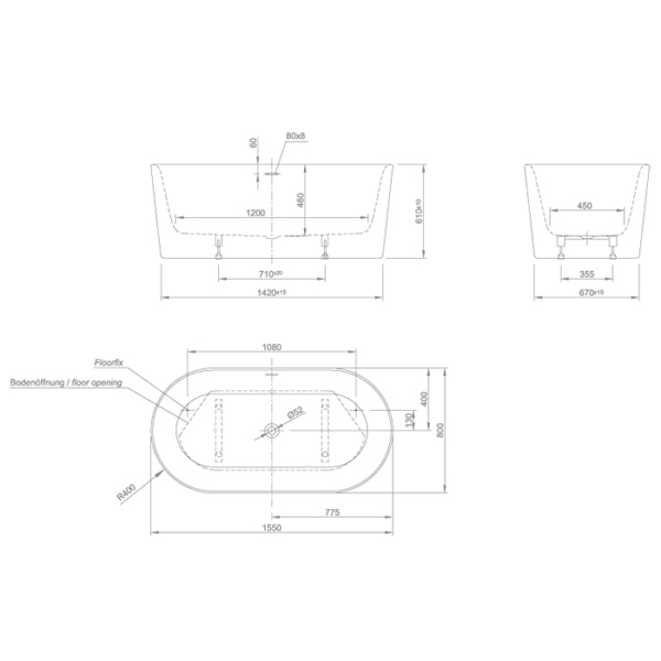 KNIEF Fresh XS  Ванна отдельностоящая 155х80х60см,слив щелевой, без слив-перелива, цвет  белый  глянцевый (продавать со сливом 0100-091-06S) 