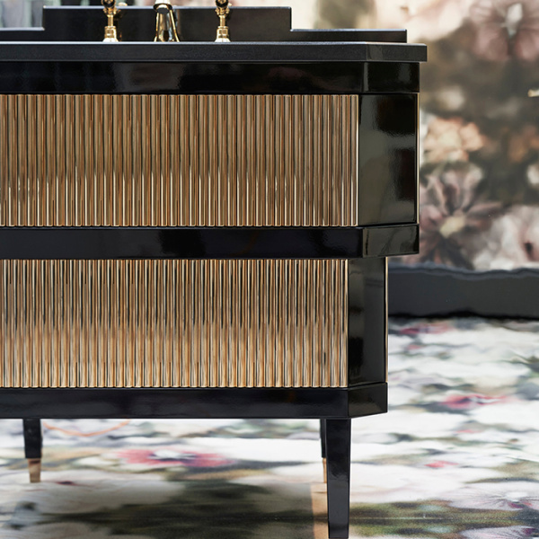 Devon&Devon Metropolitan Тумба под раковину DEEP BLACK 88,5см, планками светл золото, столешница  GRANITO NERO ASSOLUTO, раковина SWINDON черная 