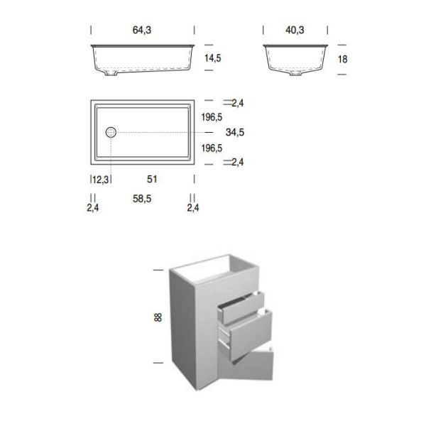 NOORTH milldue edition TOUCH Комплект мебели 640х400х880 мм., напольный, 3 ящика, слив в пол, раковина Milltek белая матовая, отделка Abete 