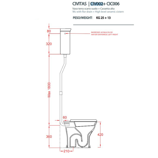 Artceram HERMITAGE Мех-м слива с высокой трубой в комплекте для высокого бачка, цвет хром 