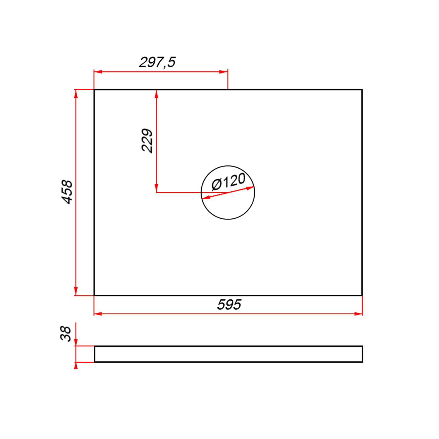 Столешница пластик HPL 38 мм Туя,1 вырез, (с наметками под 1 вырез), 595х458 мм