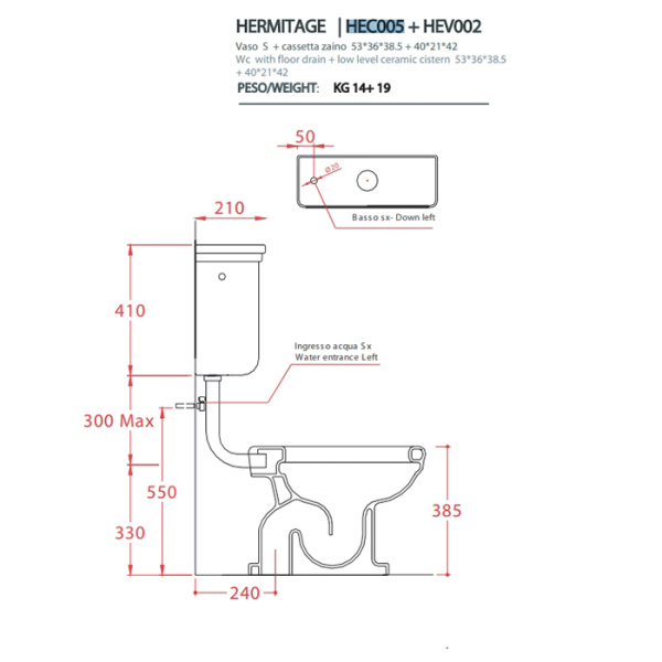 Artceram HERMITAGE Унитаз приставной слив в стену, 36х55, с крепежом в комплекте, цвет белый 