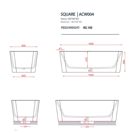 Artceram SQUARE Ванна отдельностоящая, 180х80хh60см, с переливом и слив.крышкой, Livingtec (с сифоном ACA062), цвет: blu avio 