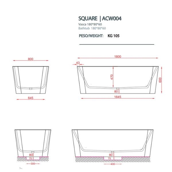 Artceram SQUARE Ванна отдельностоящая, 180х80хh60см, с переливом и слив.крышкой, Livingtec (с сифоном ACA062), цвет: blu avio 
