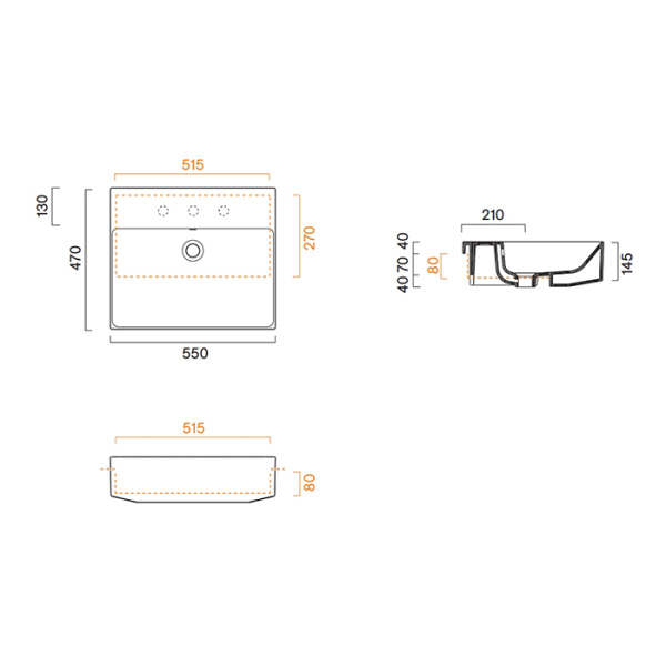 Catalano ZERO Раковина 55x47 полувстраиваемая, без отв. под смеситель, покрытие Cataglaze+, цвет белый глянцевый 