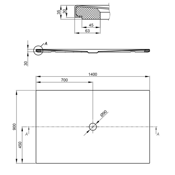 BETTEFLOOR Душевой поддон 1400x900 мм, прямоугольный, D90 мм, с покрытием АНТИСЛИП, BetteGlasur ® Plus, цвет 403 Smoke 