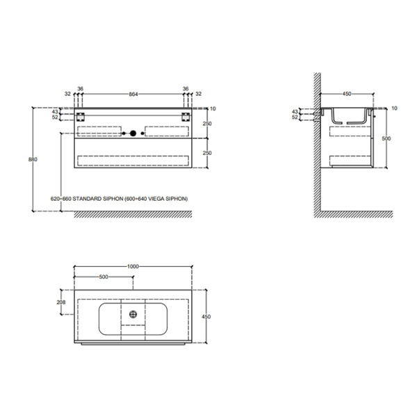 FALPER 7.0 Композиция из тумбы R0510000000BQ 1000х450х500 на 2 ящика и раковины CERAMILUX P7C10001000OP с 1 отверстием под смеситель 