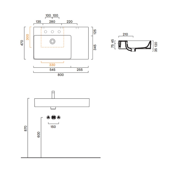 Catalano PREMIUM Раковина 80x47 чаша слева, с 1 отв. под смеситель, покрытие Cataglaze+, цвет белый глянцевый 