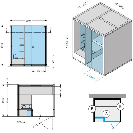 Effegibi BodyLove H Хаммам 200x176xh220 см, размещение пристенное L.H., отделка керамогранит Champagne, наружные стены керамогранит Champagne 